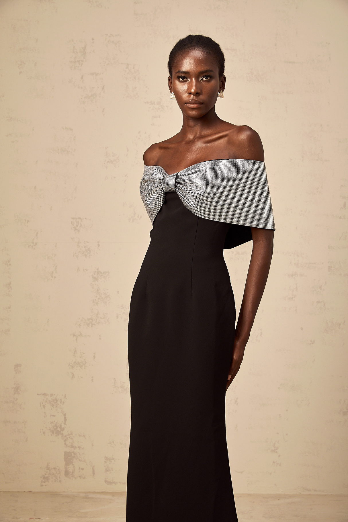 Aurohaya Chloé black rhinestone-bow off-shoulder maxi dress