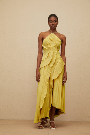Aurohaya Doux Yellow Ruffled Trim Pleated Midi Dress