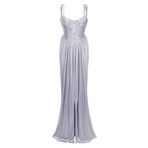 Aurohaya Nicoletta Silver Glossy Pleated Corset Maxi Dress
