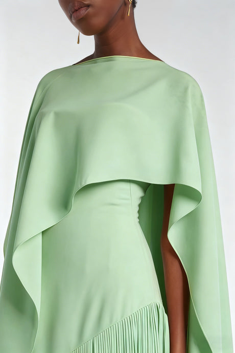 Aurohaya Cayetana Emerald Green Fringe Maxi Dress with Cape Effect