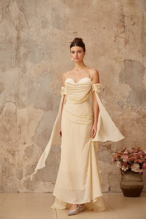 Aurohaya Mélusine Neutral Ruched Chiffon Maxi Dress