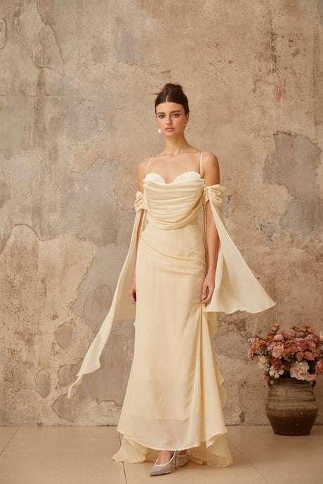 Aurohaya Mélusine Neutral Ruched Chiffon Maxi Dress