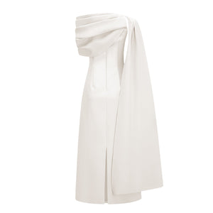 Aurohaya Annabelle White Cape-Design Ribbon Maxi Dress