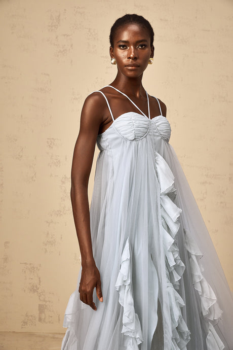 Aurohaya Colette layered ruffled tulle maxi dress in Blue