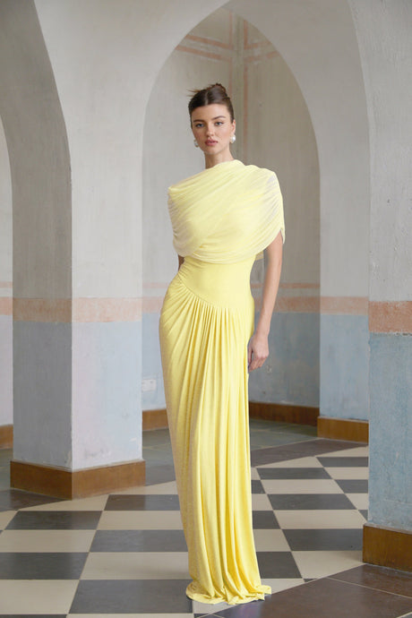 Aurohaya Catherine asymmetrical pleated maxi dress in Yellow