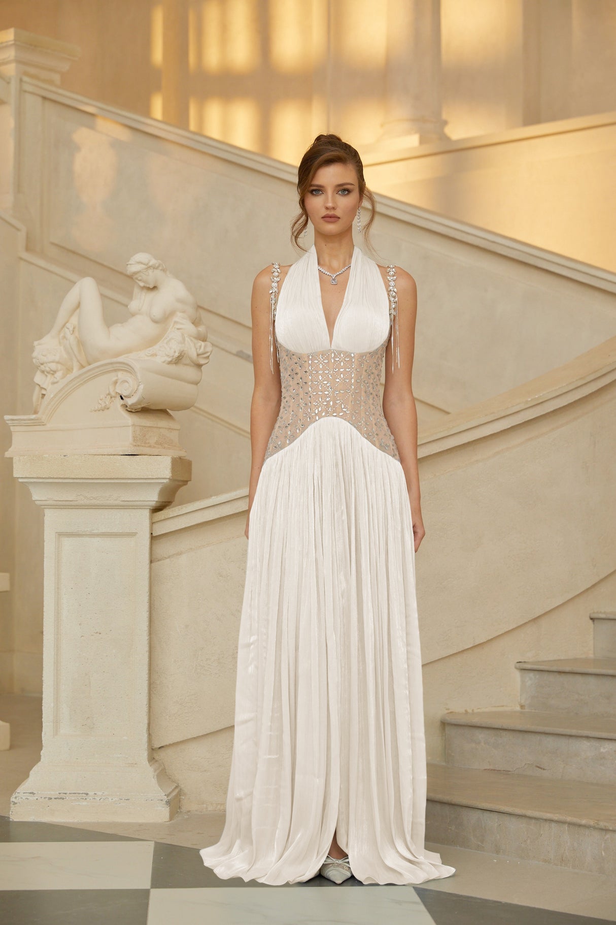 Aurohaya Gwenaëlle White Rhinestone Panel Maxi Dress