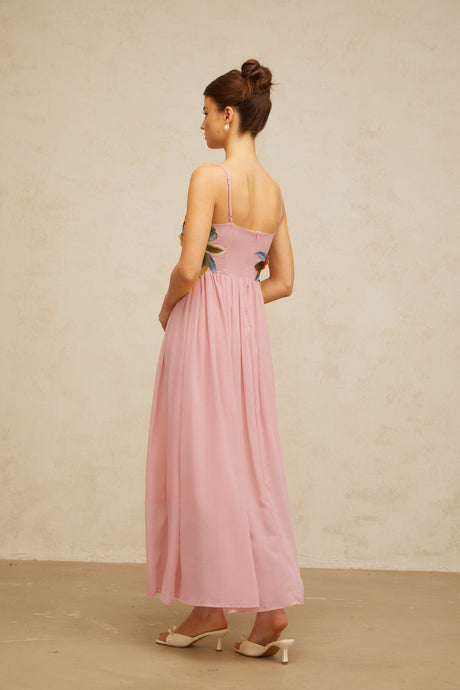 Aurohaya Josette floral-embroidered shirred maxi dress in Pink