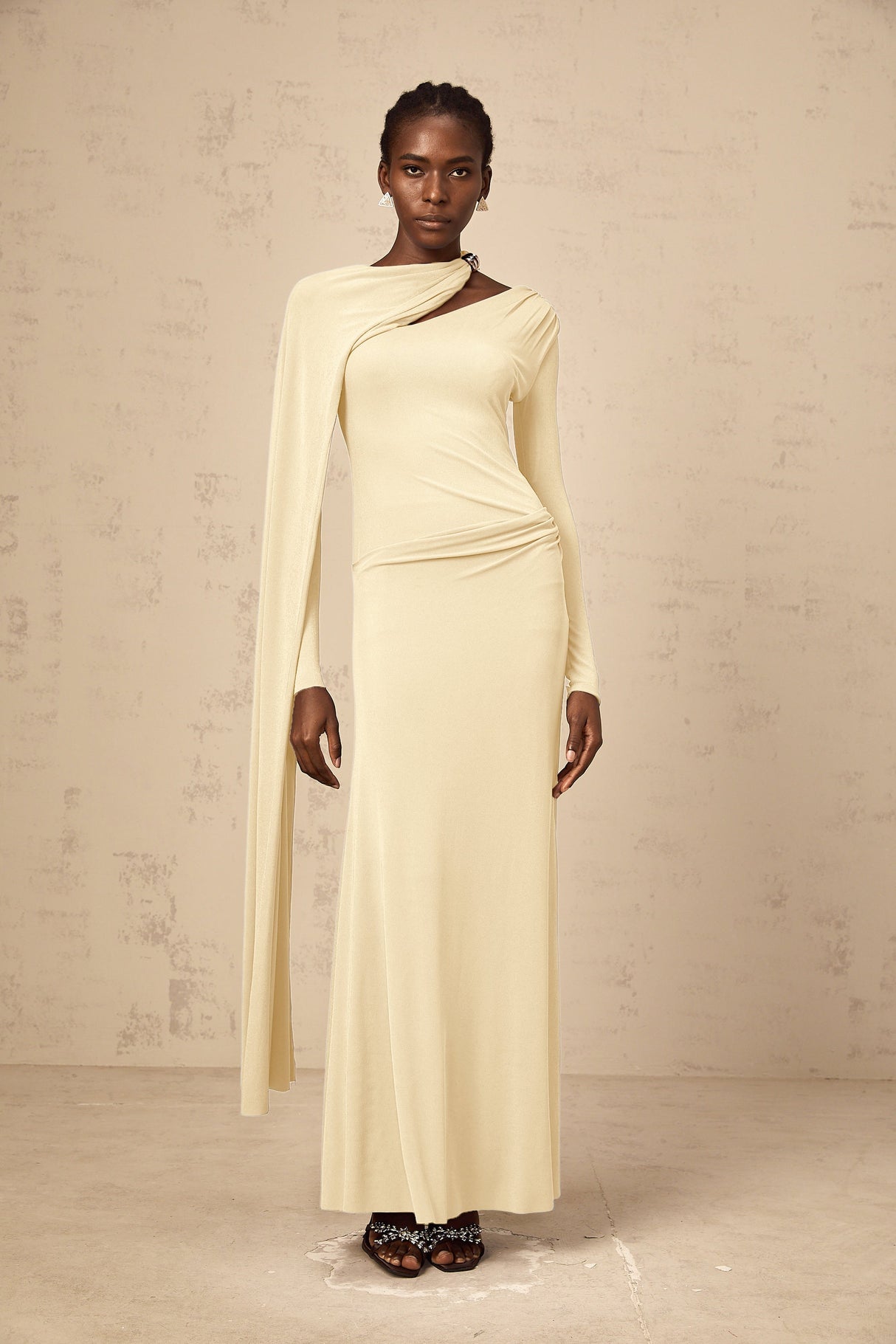 Aurohaya Josette Yellow Diagonal Shawl Fitted Maxi Dress
