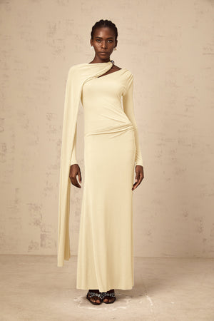 Aurohaya Josette Yellow Diagonal Shawl Fitted Maxi Dress
