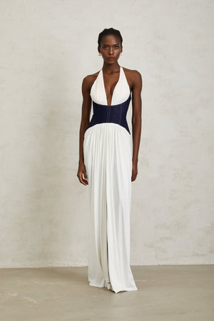 Aurohaya Airi White Halterneck Denim Panel Maxi Dress