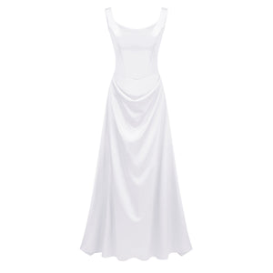 Aurohaya Fiona White Satin Square Neck Maxi Dress