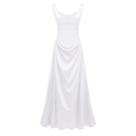 Aurohaya Fiona White Satin Square Neck Maxi Dress