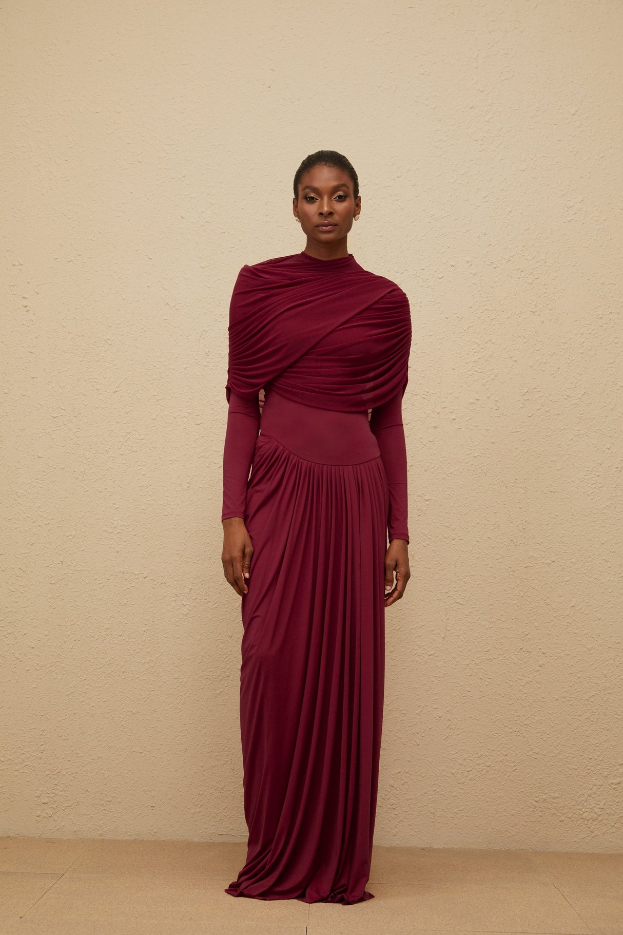 Aurohaya Catherine Red Asymmetrical Pleated Long-Sleeve Maxi Dress
