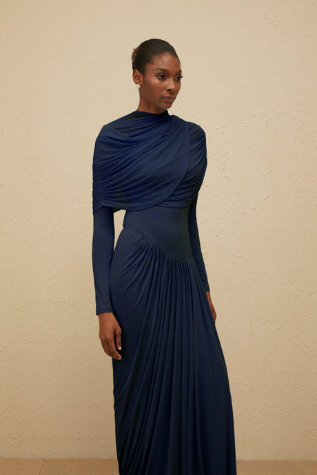 Aurohaya Catherine Navy-Blue Asymmetrical Pleated Long-Sleeve Maxi Dress