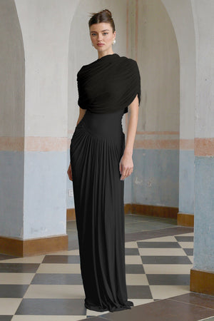 Aurohaya Catherine Black Asymmetrical Pleated Maxi Dress