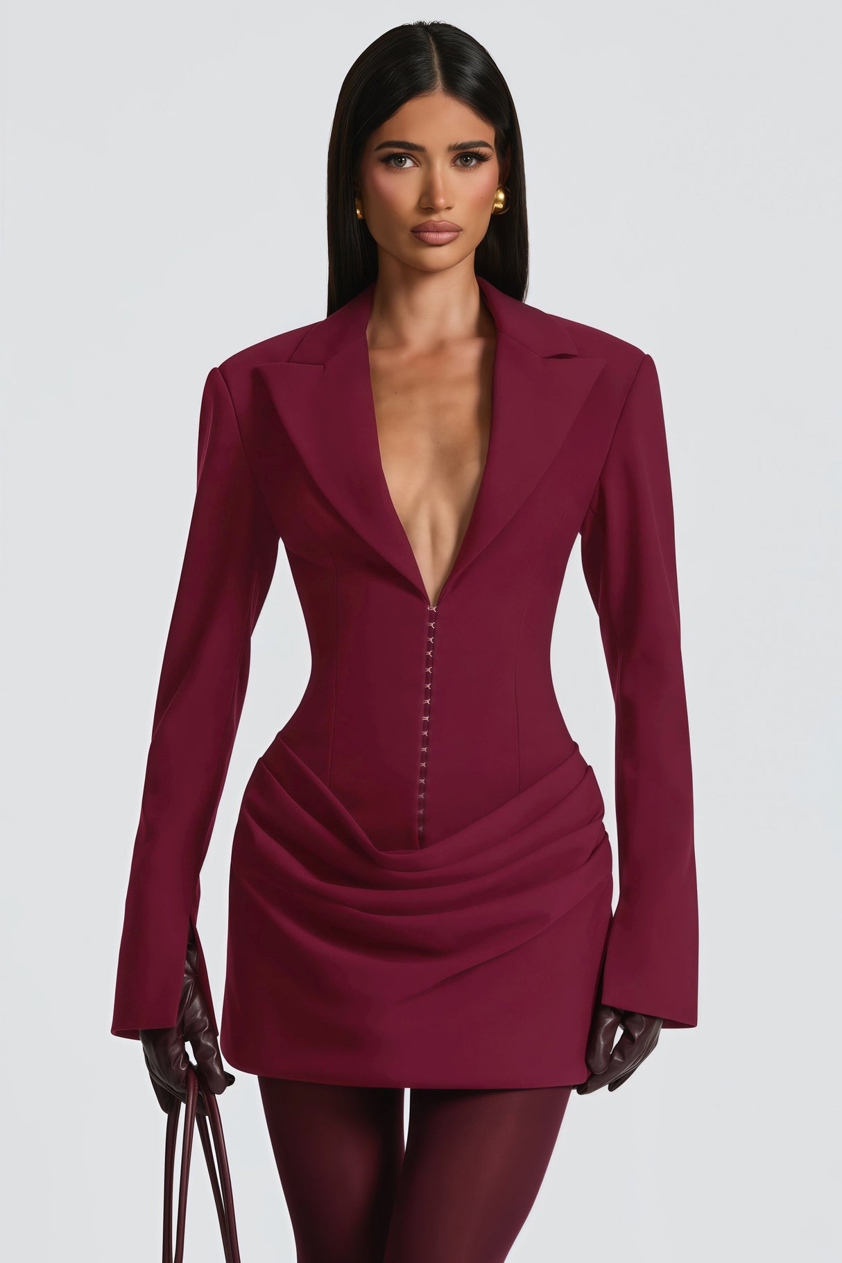 Aurohaya Rosette Burgundy Ruched Blazer Mini Dress