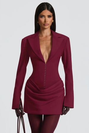 Aurohaya Rosette Burgundy Ruched Blazer Mini Dress
