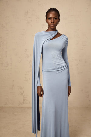 Aurohaya Josette Blue Diagonal Shawl Fitted Maxi Dress