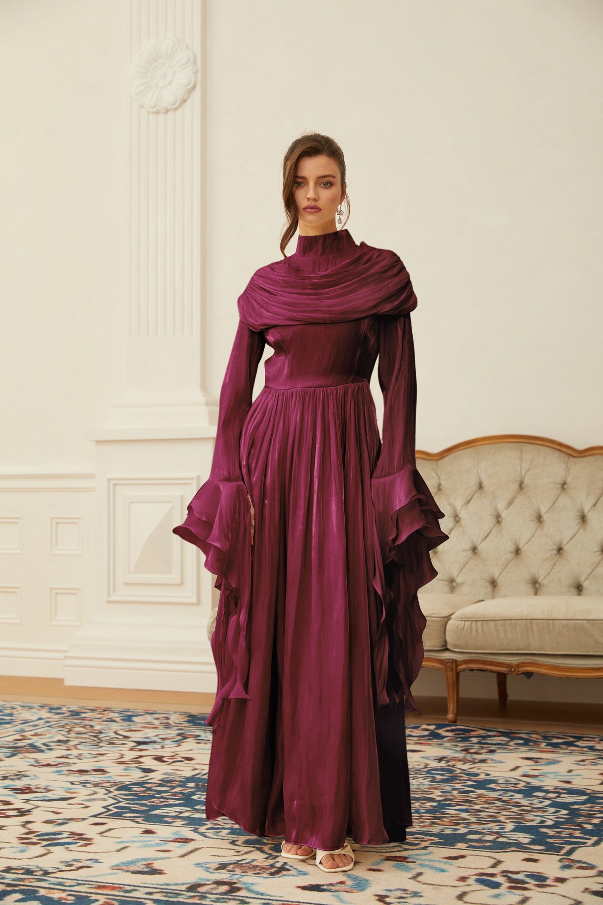 Aurohaya Danuta Burgundy Ruched Pleated Maxi Dress