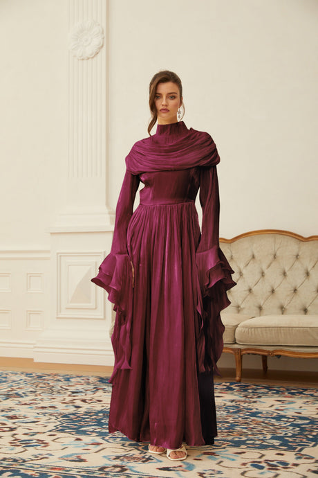 Aurohaya Danuta Burgundy Ruched Pleated Maxi Dress