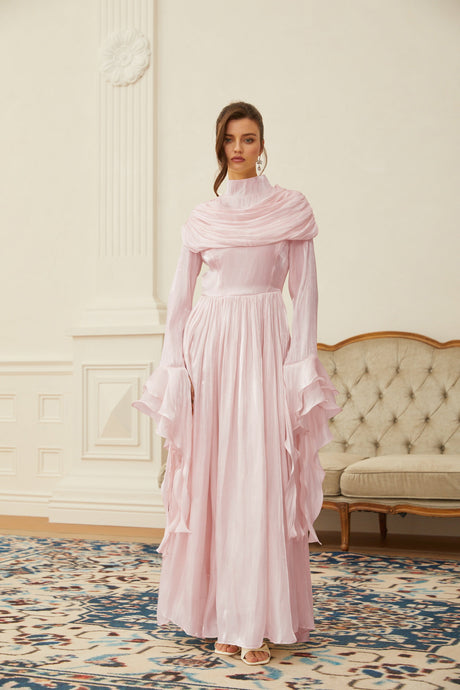 Aurohaya Danuta Pink Ruched Pleated Maxi Dress