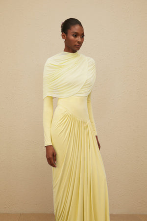 Aurohaya Catherine Yellow Asymmetrical Pleated Long-Sleeve Maxi Dress