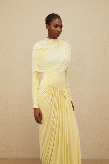 Aurohaya Catherine Yellow Asymmetrical Pleated Long-Sleeve Maxi Dress