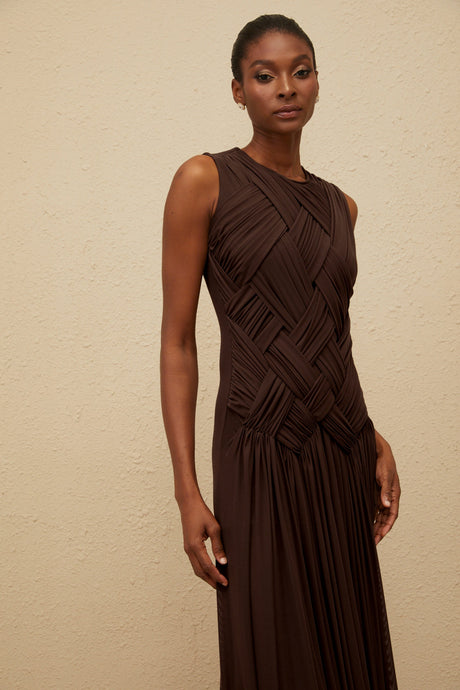 Aurohaya Daphné Brown Asymmetrical Braided Tulle Midi Dress