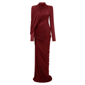 Aurohaya Arlette Red Asymmetrical Ruched Maxi Dress