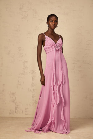 Aurohaya Ysandre Rose-Pink 3D Petal Tulle Maxi Dress