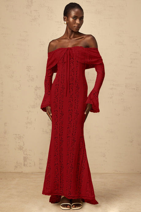 Aurohaya Émeline floral lace train-design maxi dress in Red