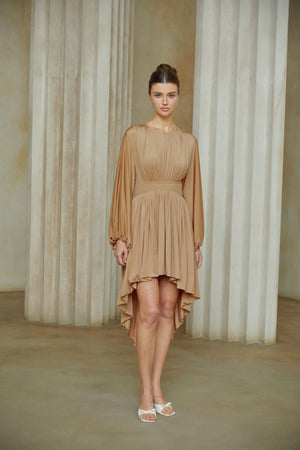 Aurohaya Kenza Pink Asymmetrical Pleated Midi Dress