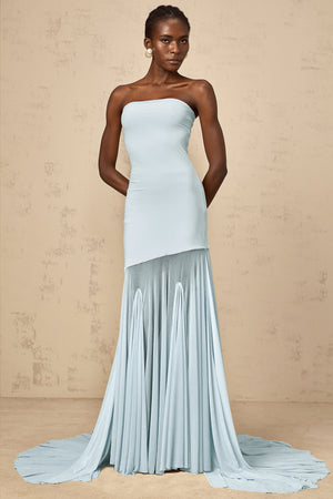 Aurohaya Josiane Blue Off-shoulder Sheer Tulle Maxi Dress