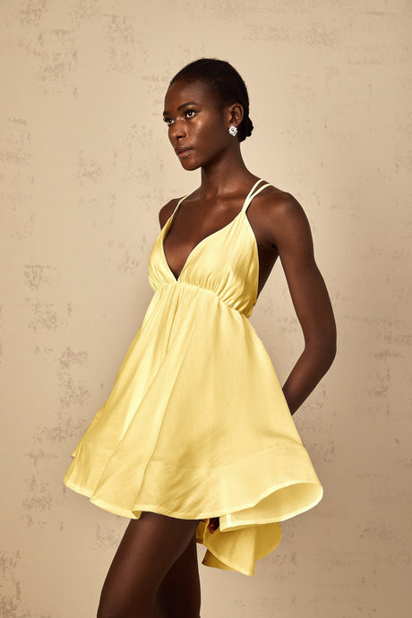 Aurohaya Quincie Yellow Shirred Flounced Mini Dress