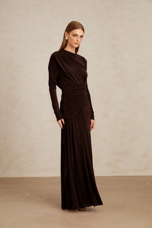 Aurohaya Charme Brown Ruched Maxi Dress