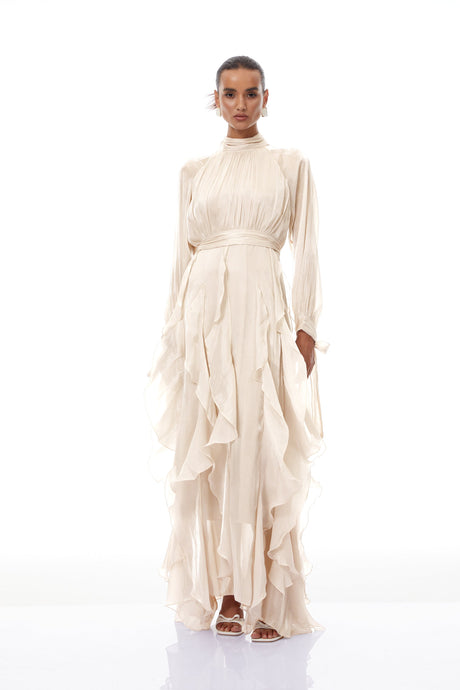 Aurohaya Zélie Neutral Glossy Pleated Ruffled Maxi dress