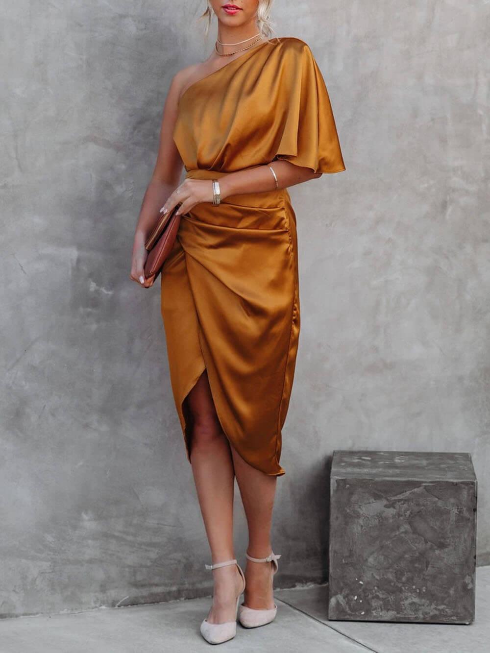 Aurohaya Single Sleeve Irregular Evening Dress Orange