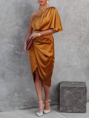 Aurohaya Single Sleeve Irregular Evening Dress Orange