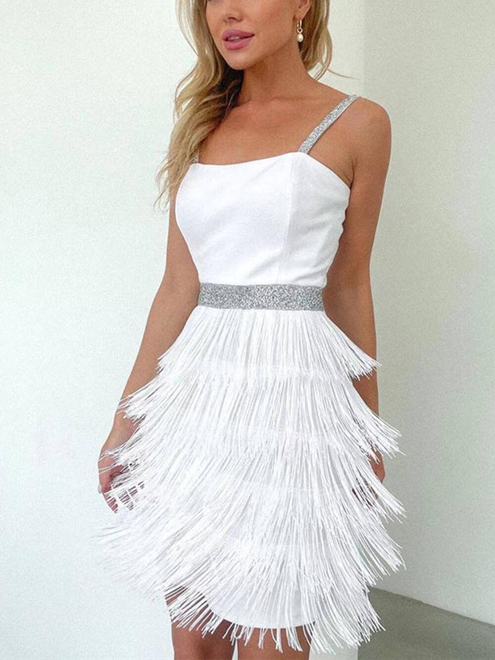 Aurohaya Date And Dinner Socialite Style Suspender Fringe Mini Dress White