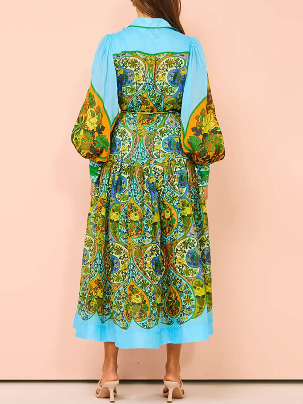 Aurohaya Ethnic Print Cardigan Lace-Up Lapel Long-Sleeved Dress