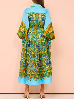 Aurohaya Ethnic Print Cardigan Lace-Up Lapel Long-Sleeved Dress