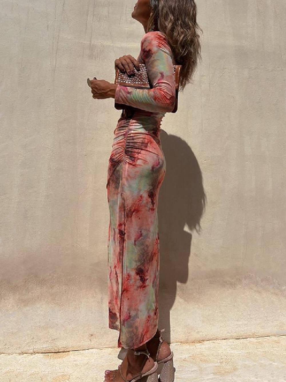 Aurohaya Charm Lady Mesh Overlay Tie Dye Print Long Sleeve Ruched Stretch Midi Dress