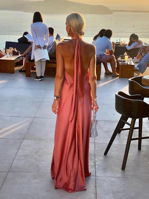 Aurohaya Summer Temperament Satin Halter Swing Gown Dresses