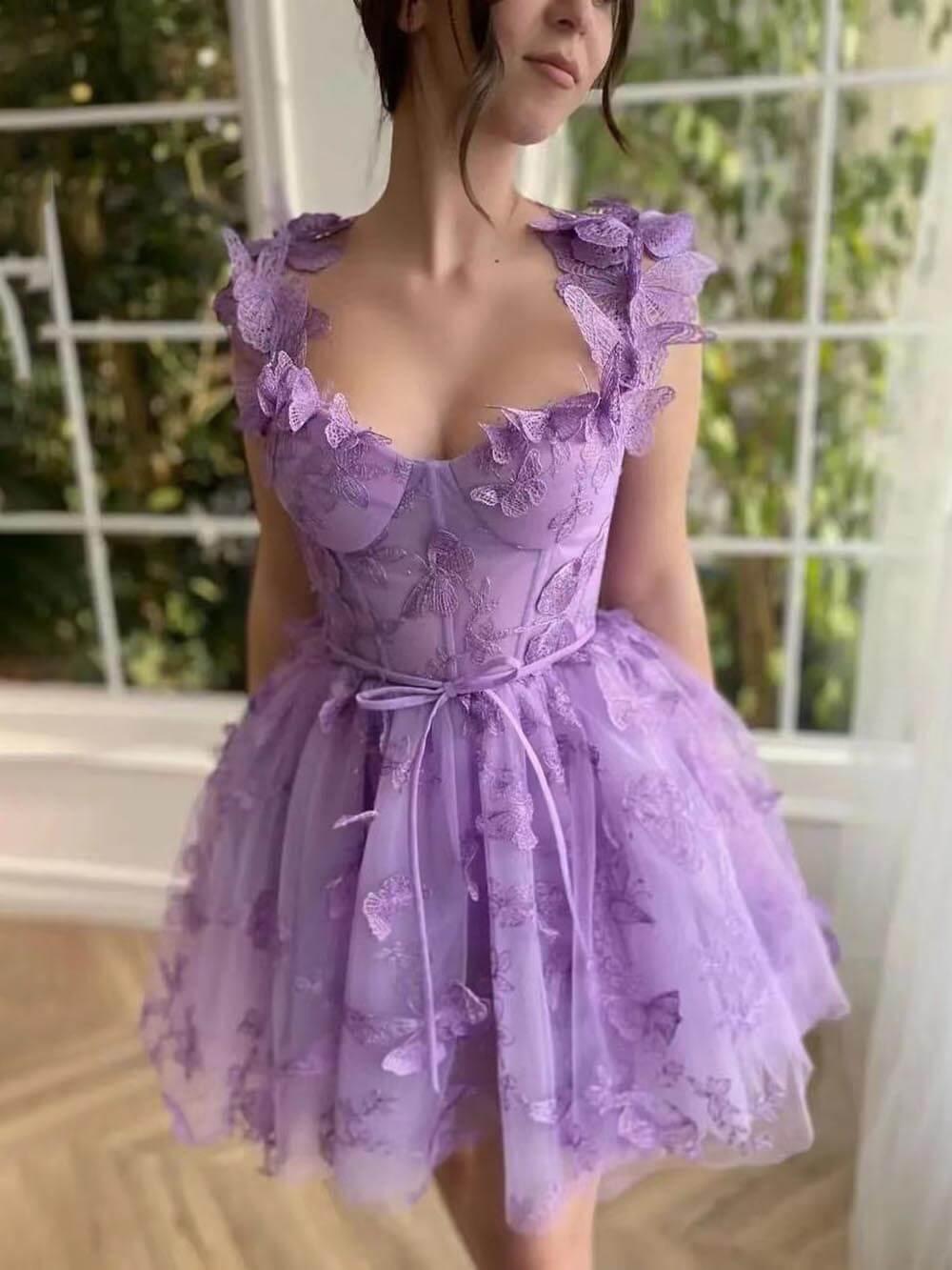Aurohaya Elegant Tulle Butterfly Lace Applique Ball Gown Mini Dress Purple