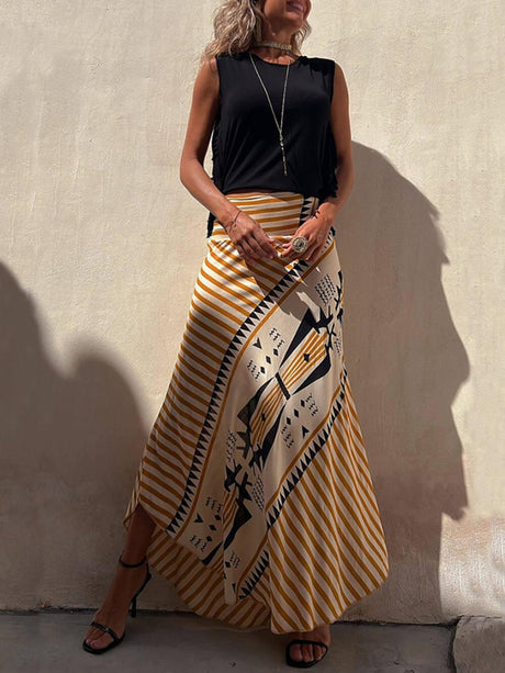 Aurohaya Geometric Print Elastic Waist Maxi Skirt Yellow