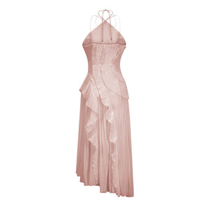 Aurohaya Doux Pink Ruffled Trim Pleated Midi Dress