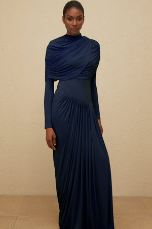 Aurohaya Catherine Navy-Blue Asymmetrical Pleated Long-Sleeve Maxi Dress