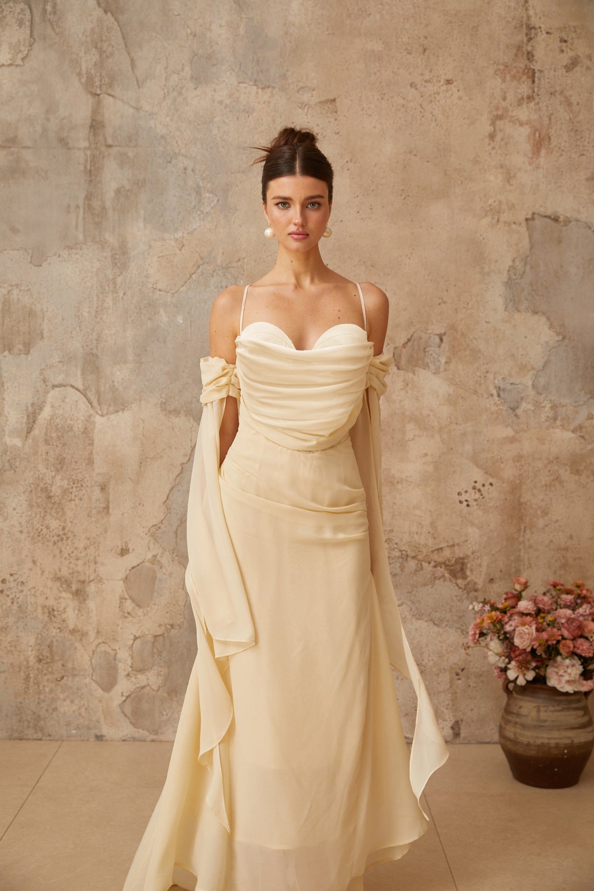 Aurohaya Mélusine Neutral Ruched Chiffon Maxi Dress