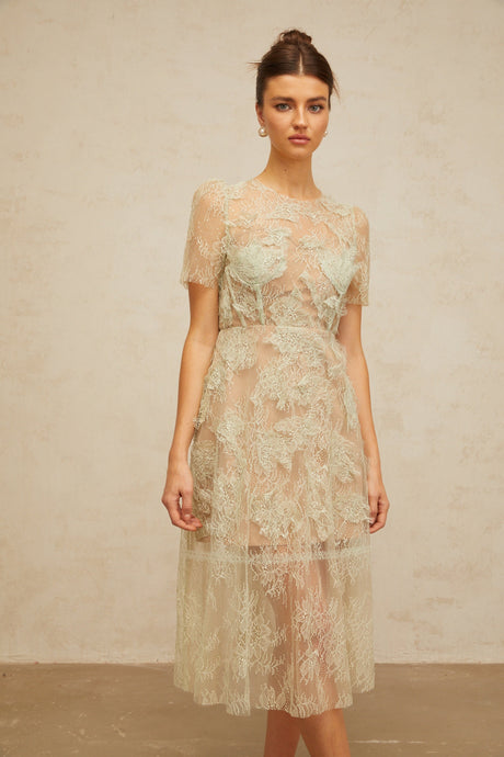 Aurohaya Xaviera mint-green floral-lace midi dress