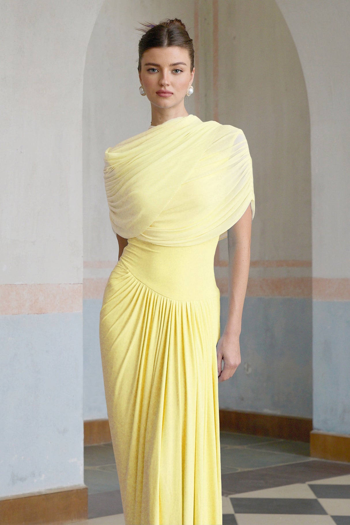 Aurohaya Catherine asymmetrical pleated maxi dress in Yellow